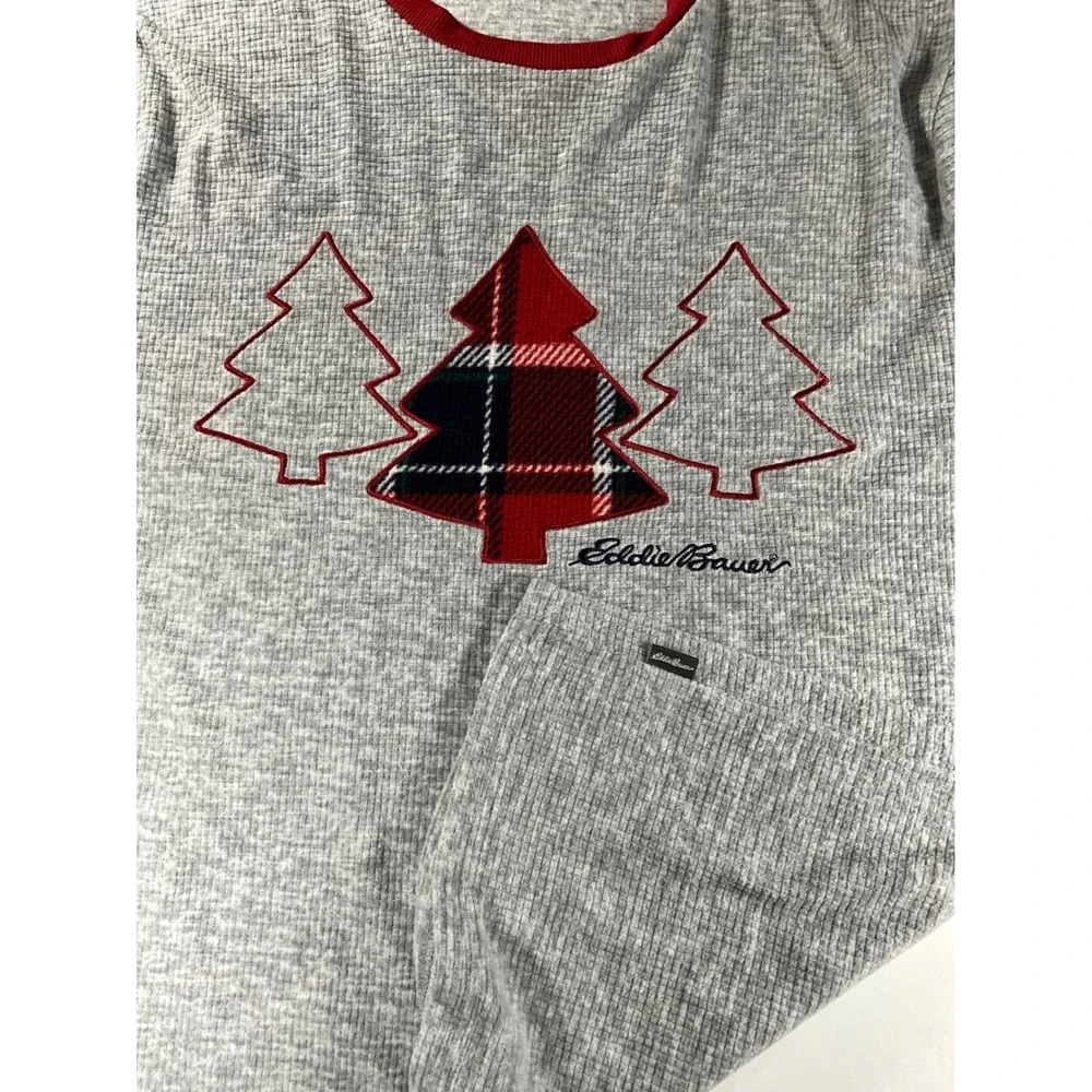 Eddie Bauer Mens Gray Waffle Knit Christmas Tree Plaid Sleep Shirt Large L